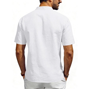 Back view of men's white linen Henley shirt featuring breathable fabric and stand collar