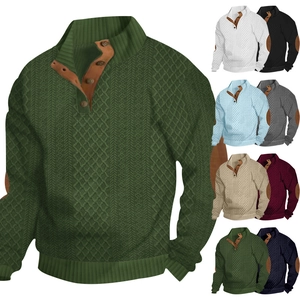 Jacquard-Henley-Strickpullover für Herren in Armeegrün mit Ellbogen-Patches und Textur