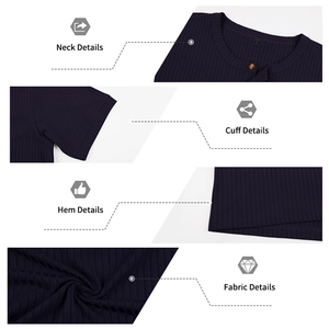 Detailed views of men's ribbed knit Henley shirt neckline, cuff, and fabric texture