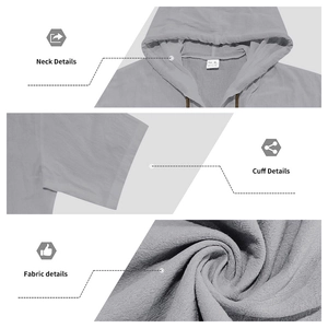 Dettagli del tessuto grigio in cotone e lino, cappuccio con cordoncino e polsini