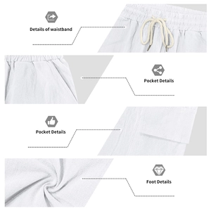 Detailed views of white linen pants showing elastic waistband, pockets and fabric texture