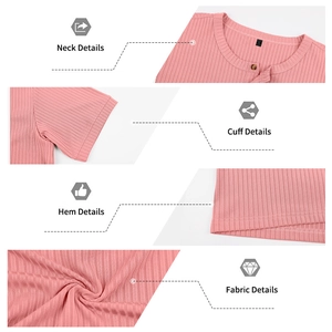 Detail view of pink ribbed Henley shirt fabric, buttoned neckline and sleeve cuffs