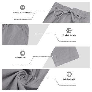 Detalle de pantalón de lino para hombre con cintura con cordón, bolsillos y textura tejida