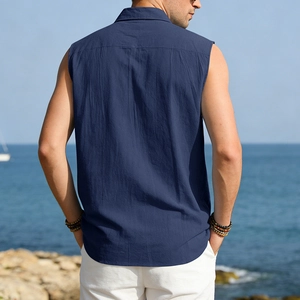 Back view of a navy blue sleeveless linen shirt for men featuring a breathable summer fit