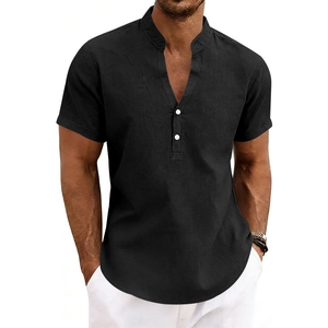 Close-up of black linen Henley shirt featuring stand collar and white contrast buttons