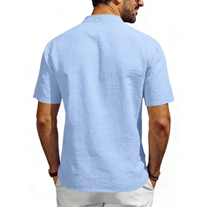 Detail view of the light blue linen shirt fabric texture and mandarin collar design