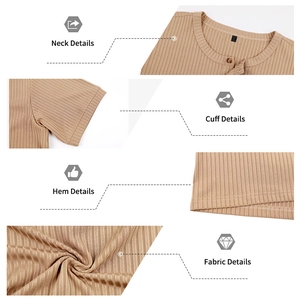Close-up details of men's khaki ribbed Henley shirt fabric, neckline, and cuff texture