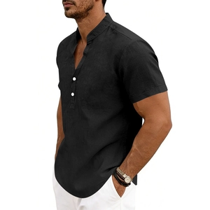 Detailed close-up of a black linen Henley shirt featuring a band collar and white buttons