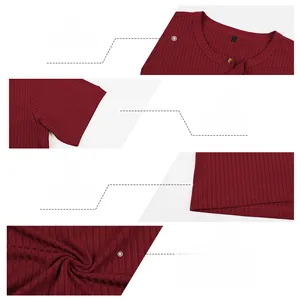Detailed views of wine red ribbed knit fabric, wooden buttons, and hemline textures