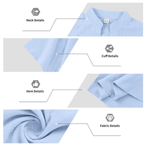 Detalle de camisa de lino azul claro con cuello mao y textura de tejido transpirable real