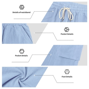 Detail view of light blue linen shorts featuring drawstring waist and cargo pocket accents