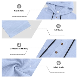 Detail view of linen hoodie neckline, fabric texture, cuffs, and wood buttons