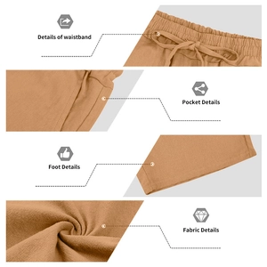 Detailed views of earth-toned linen pants featuring elastic drawstring waist and side pockets
