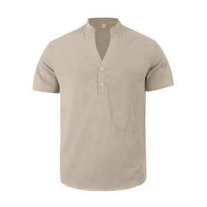 Close-up of khaki linen shirt collar with two buttons and breathable fabric texture