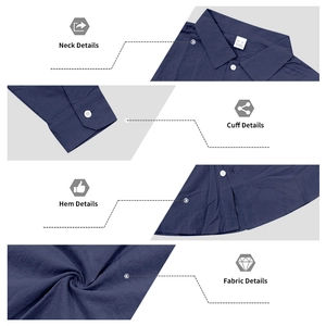Detailed views of navy linen blend shirt featuring collar, cuffs, hem and fabric texture