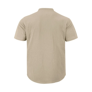 Detail of men's linen henley shirt back view showing natural fabric texture and relaxed fit