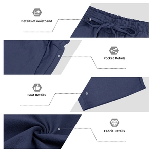 Detailed views of navy linen shorts showing drawstring waist, pockets and fabric texture