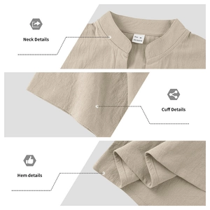 Detail view of linen-texture Henley shirt neckline, cuffs, and flat hemline for men