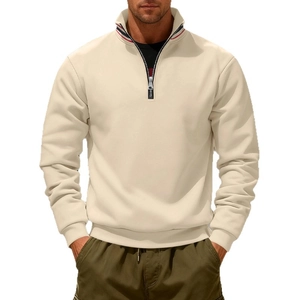 Felpa da uomo beige con mezza zip, colletto a righe e dettagli in maglia a coste