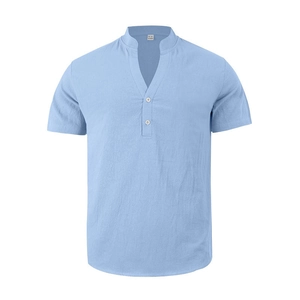 Detail of light blue linen Henley shirt featuring stand collar and two-button V-neck design