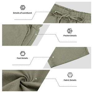 Detail view of drawstring waistband, pockets, and breathable linen texture on men's set