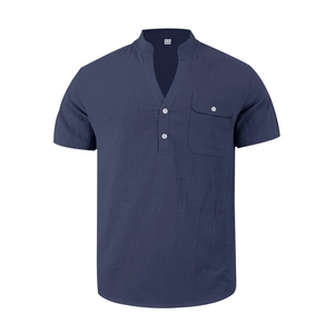 Detail of navy blue linen Henley shirt featuring V-neck buttons and a front chest pocket
