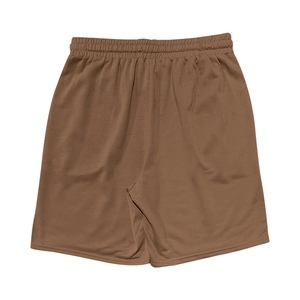 Close-up of heavy cotton brown leisure shorts with a wide elastic waistband and soft texture