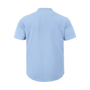 Back view of light blue linen henley shirt showing natural texture and stand collar