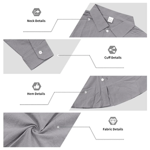 Detail view of grey linen cotton shirt showing neck, cuffs, hem and breathable fabric texture