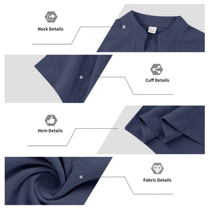 Detail view of navy linen short sleeve shirt with mandarin collar and fabric texture