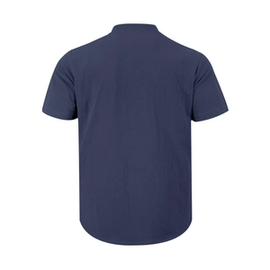 Detailed back view of navy blue men's linen t-shirt with textured fabric and minimal stitching
