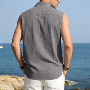 Detail view of the linen texture and back seam on a gray sleeveless summer shirt for men