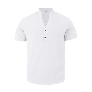 Close-up of white Henley shirt collar with two buttons and 100% cotton fabric texture