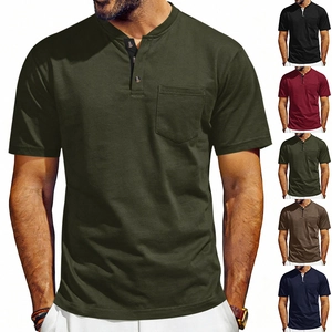Men's retro loose cotton Henley shirt with contrast three-button placket and chest pocket