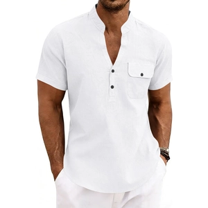 Detail of white linen Henry shirt featuring V-neck and buttoned chest pocket texture