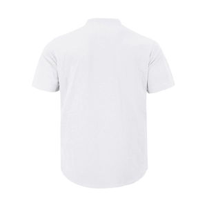Detailed back view of a white linen Henley shirt for men showing breathable fabric texture