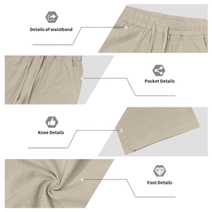 Detail view of beige linen trousers showing elastic drawstring waist and side pocket design