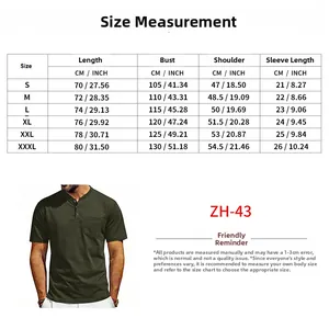 Men's casual Henley t-shirt size chart with measurements for bust, shoulder, and length