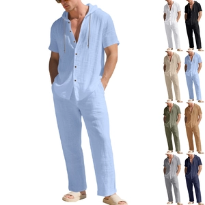 Herren Sommer Leinen-Set mit Kapuzenhemd und lockerer Hose in 8 verschiedenen Farben