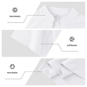 Detailed views of the stand collar, seamless cuffs, and hemline on the white shirt