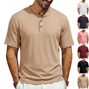 Men's Summer Henley Neck Ribbed T-Shirt Knitted Short Sleeve Polyester Spandex Casual Loose Top For Youth