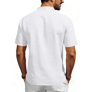 Rear view of white linen Henley shirt for men showing breathable fabric texture and fit