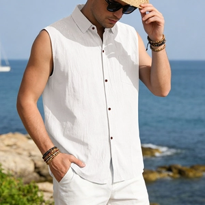 Close-up of white sleeveless linen shirt featuring lapel collar and wood-textured buttons