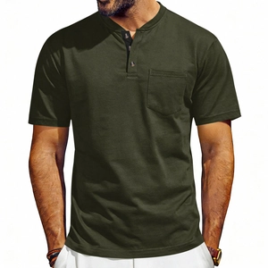 Detail of olive green Henley shirt with three-button placket and chest pocket
