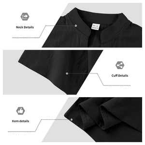 Macro detail of black linen texture shirt with 100% polyester fabric label and neat stitching