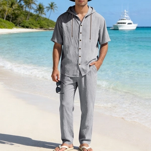 Men's grey short-sleeve hooded linen set with matching long pants for summer beachwear