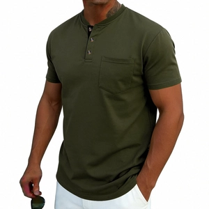 Detail view of olive green Henley shirt showing three-button placket and chest pocket