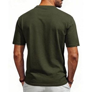 Detailed back view of a men's army green crew neck t-shirt in heavy cotton fabric