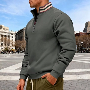 Grijze heren sweatshirt met driekleurige gestreepte opstaande kraag en ritsdetail