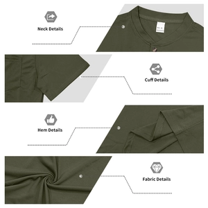 Detail view of army green Henley shirt fabric texture, neckline buttons, and sleeve hems